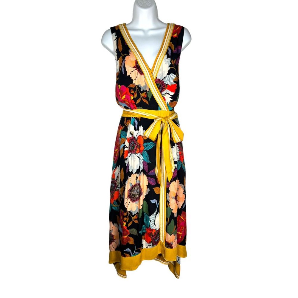 Maeve Anthropologie Botanical Midi Dress Floral Faux Wrap Black Multi  12